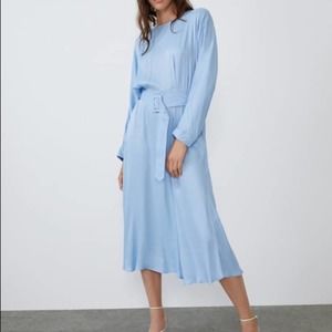 ZARA Baby Blue Belted Satin Effect Long Midi Dress Small